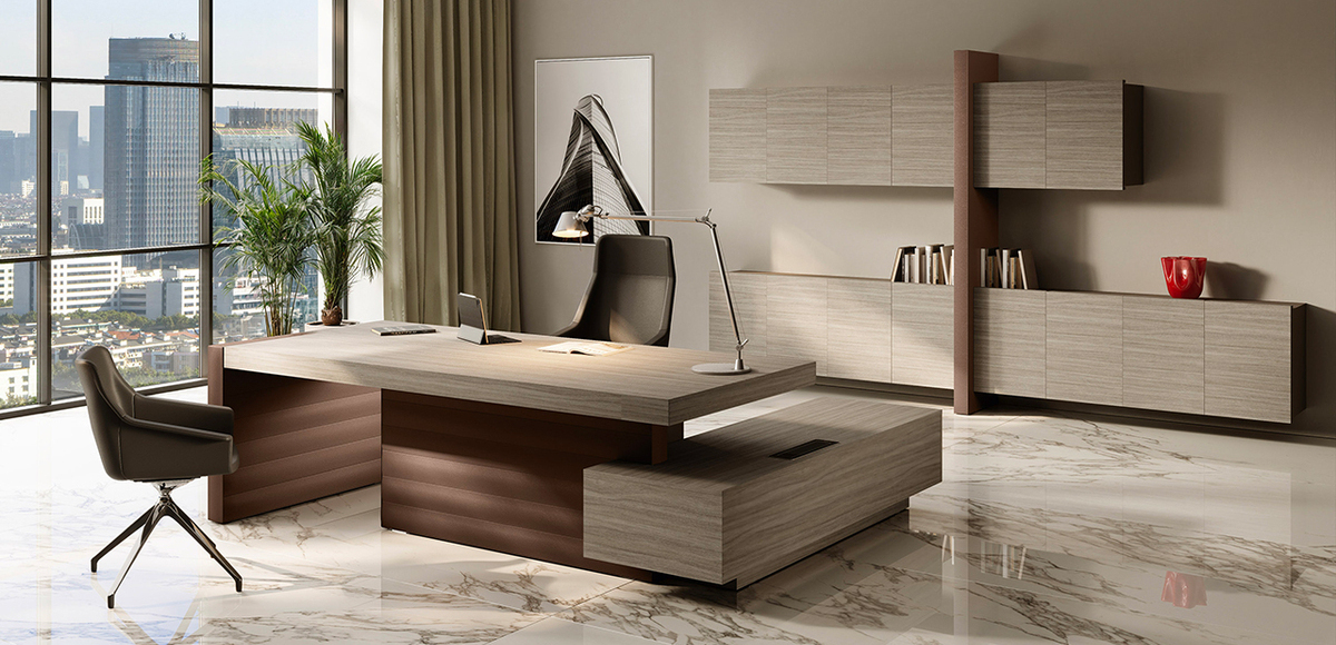 Jera executive desk reflects architectural discipline, with clean lines and natural wood tones designed to anchor contemporary office spaces