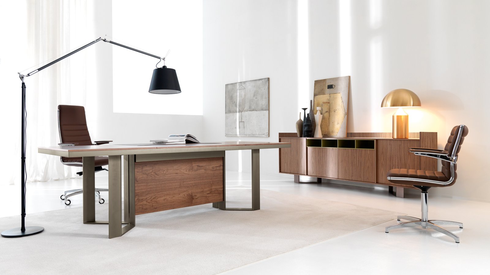 Lloyd executive desk by IVM Office in Canaletto Walnut on aluminum loop frames