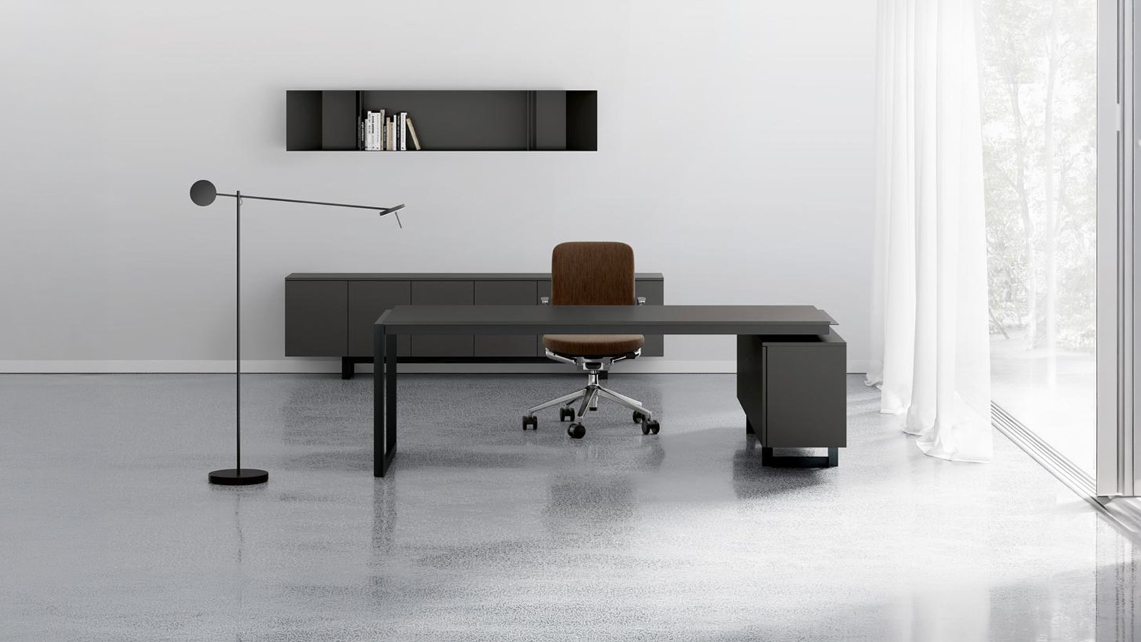 Modern office desk Ellan by Archiutti with light oak top and white iron frame
