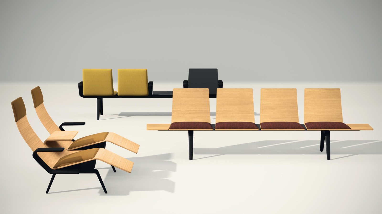 Arper Pausit bench in a corporate lobby set up for short visitor waits