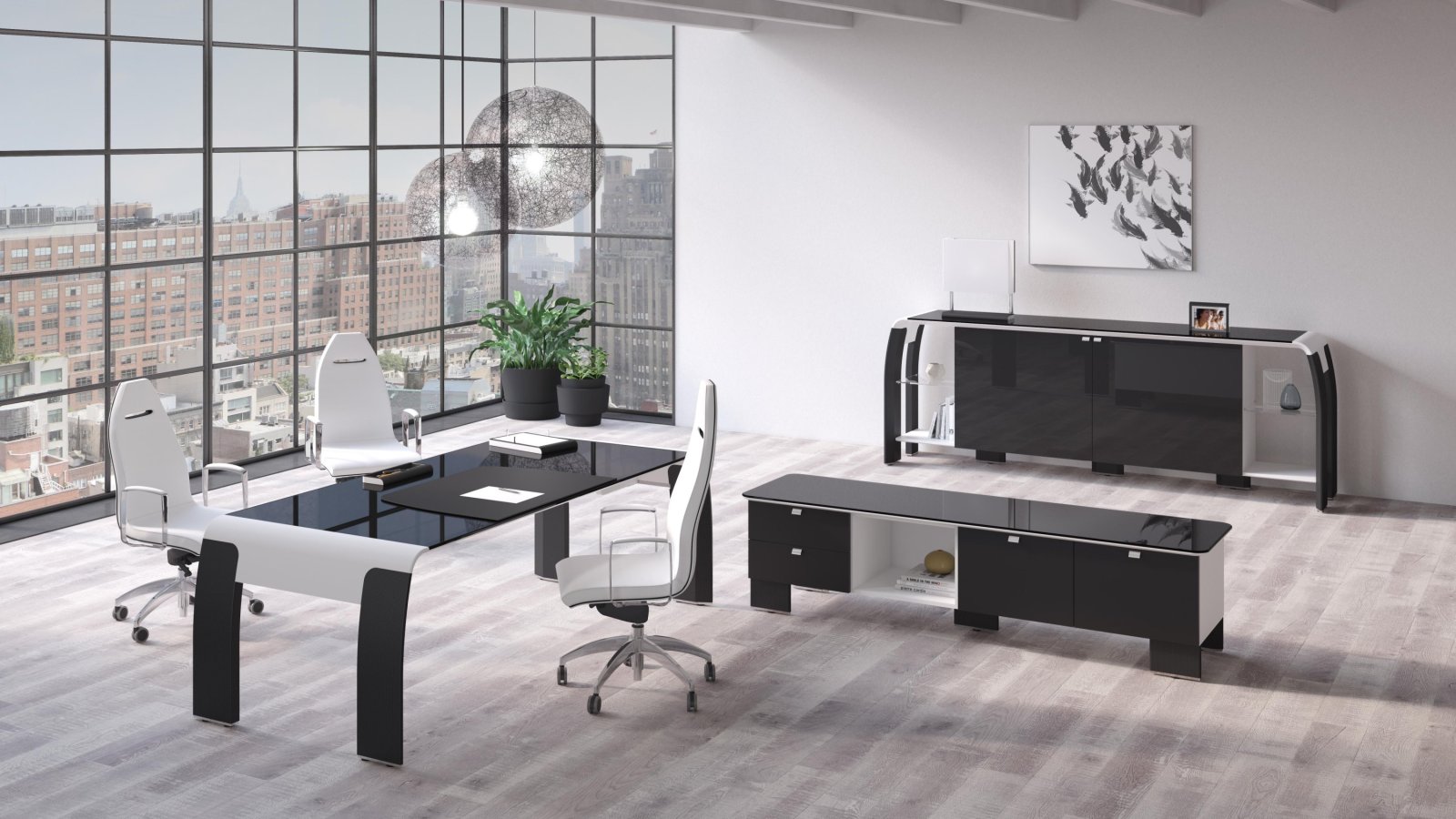 Modern executive desk AlfaOmega by Codutti with Soundoffice speakers under the glass top