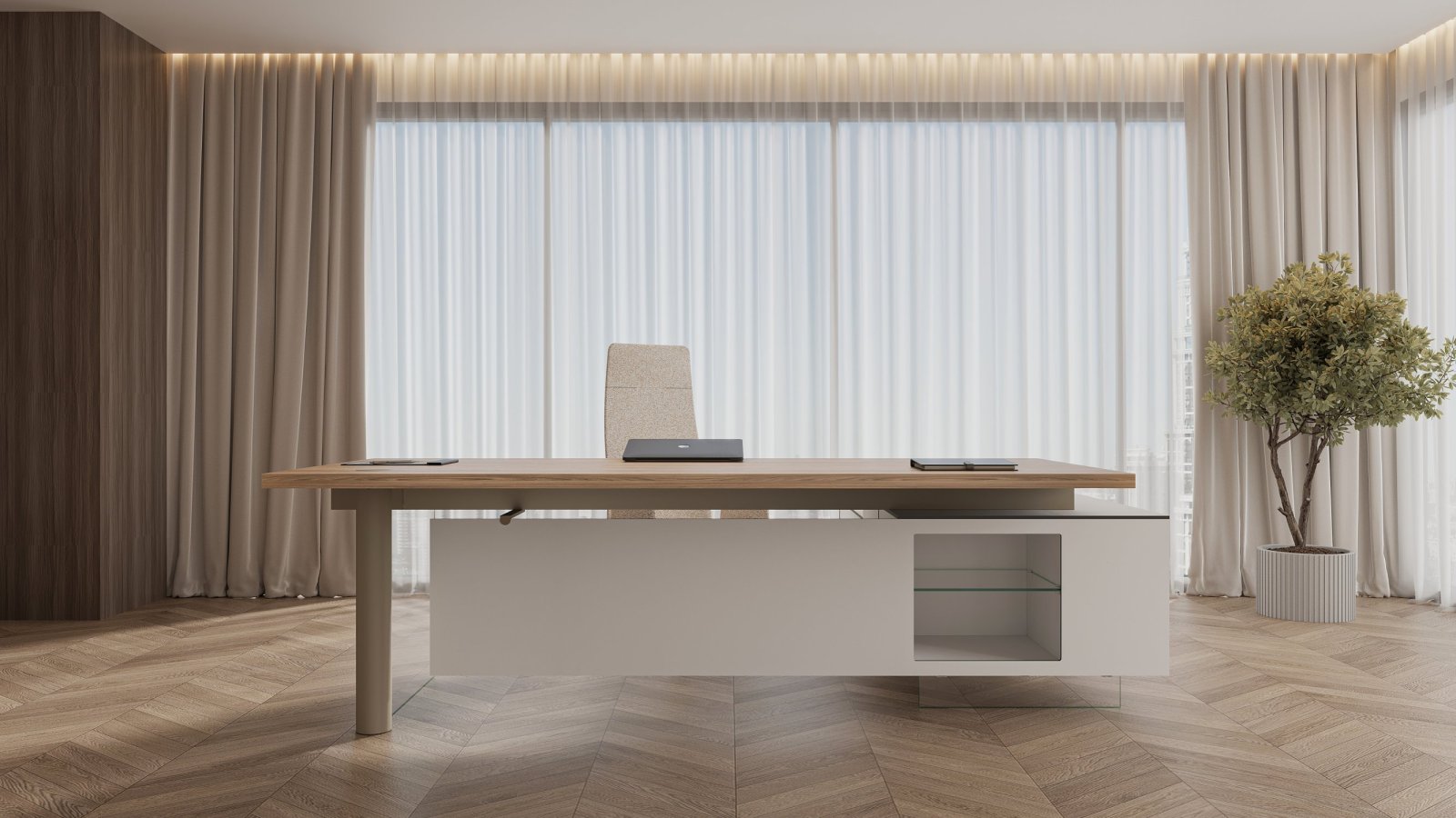 Italian modern executive desk Cloud by Codutti, tempered glass top