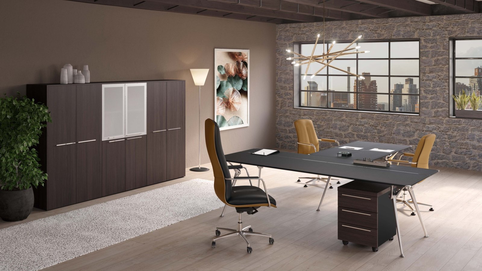Designer office desk Genesis by Codutti in L-shape with wood bridge return