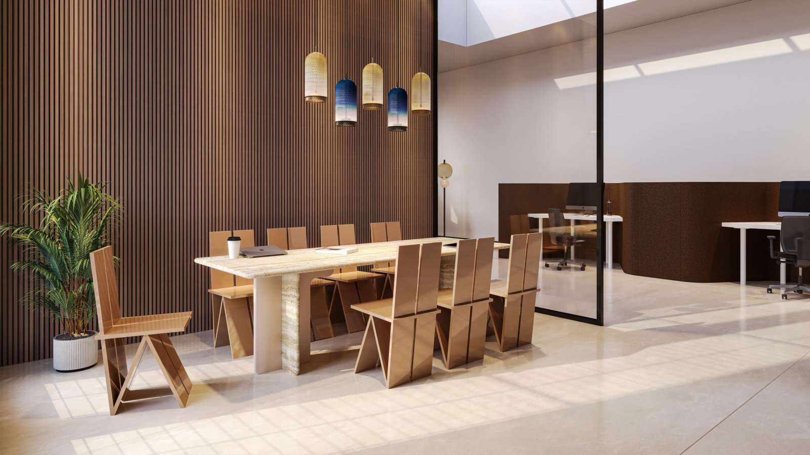 Conference table Ginza by Codutti in Roman travertine, ready for a meeting