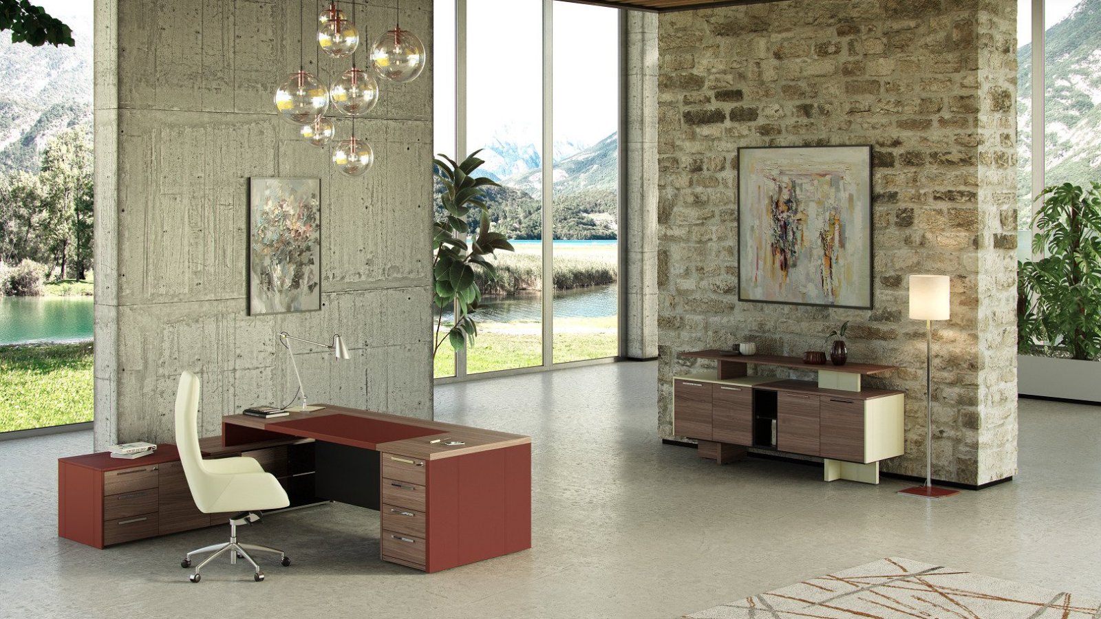 Contemporary office desk One by Codutti with extra-clear glass top on mirror-polished steel crossbars