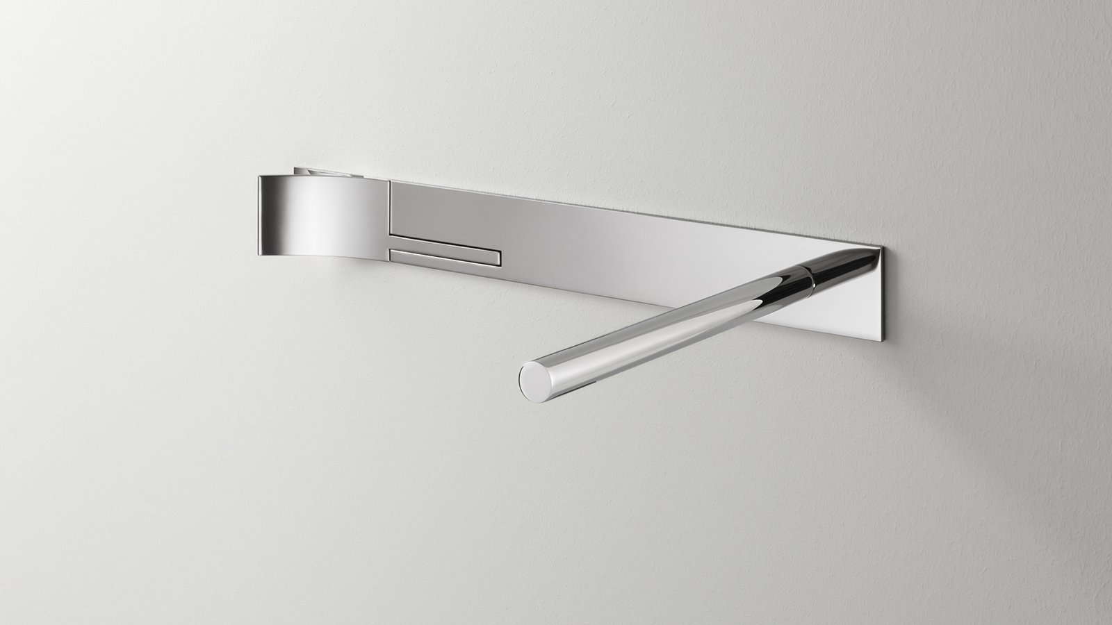 Close-up of the Cut Plus wall-mounted faucet in polished steel
