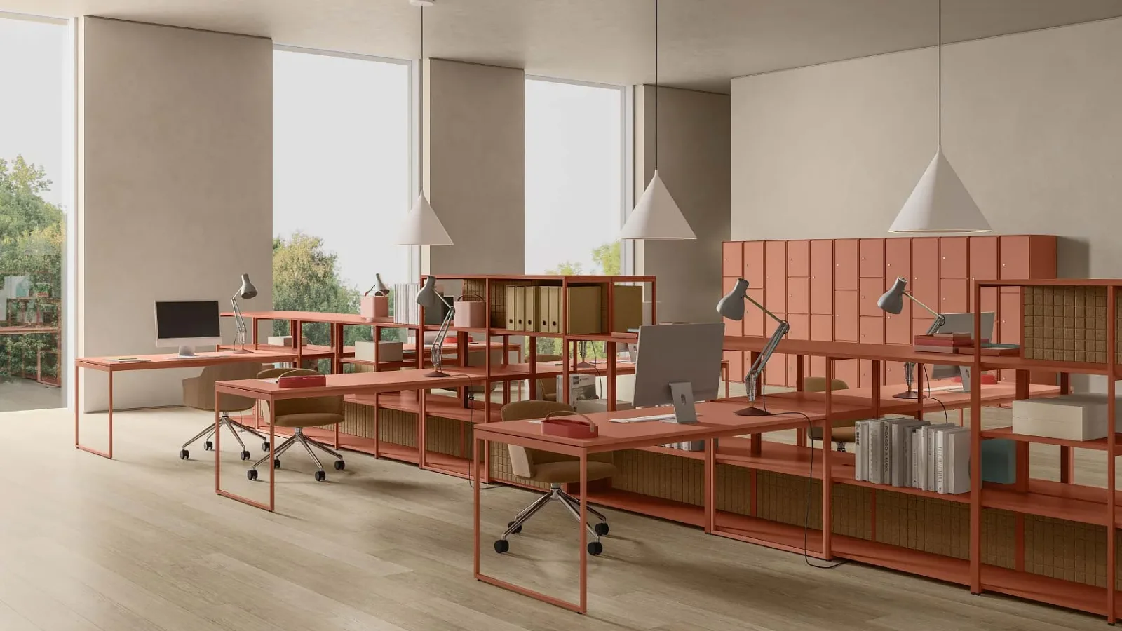Line System steel shelving by Dieffebi in a team space