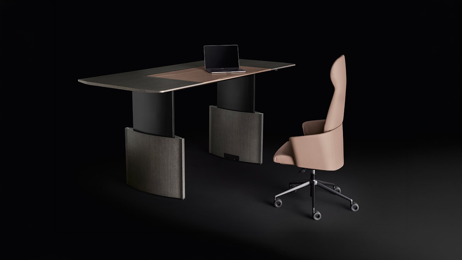 Eleva executive standing desk by Bralco with oak top and leather inlay