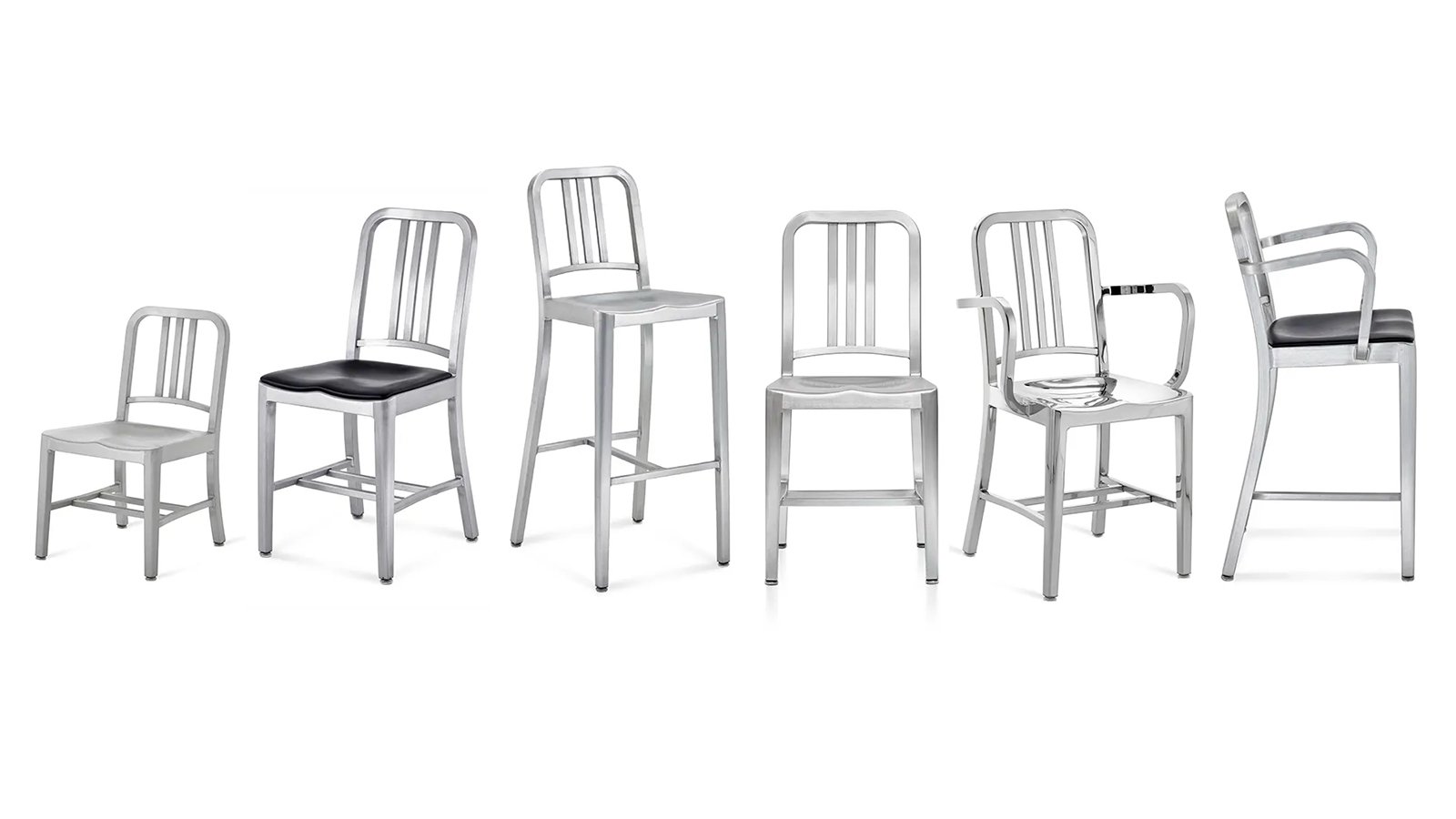 Designer chairs Navy 1006 by Emeco in brushed aluminum at a restaurant table