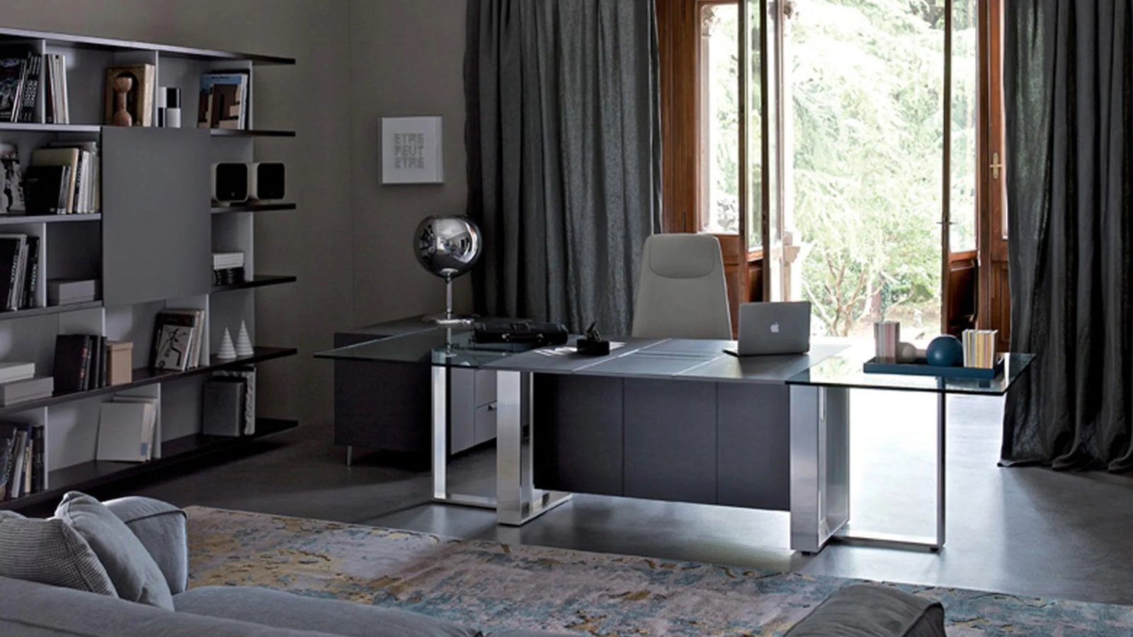 Designer desk Altagamma by Estel in veneer with a flush top access and frame legs