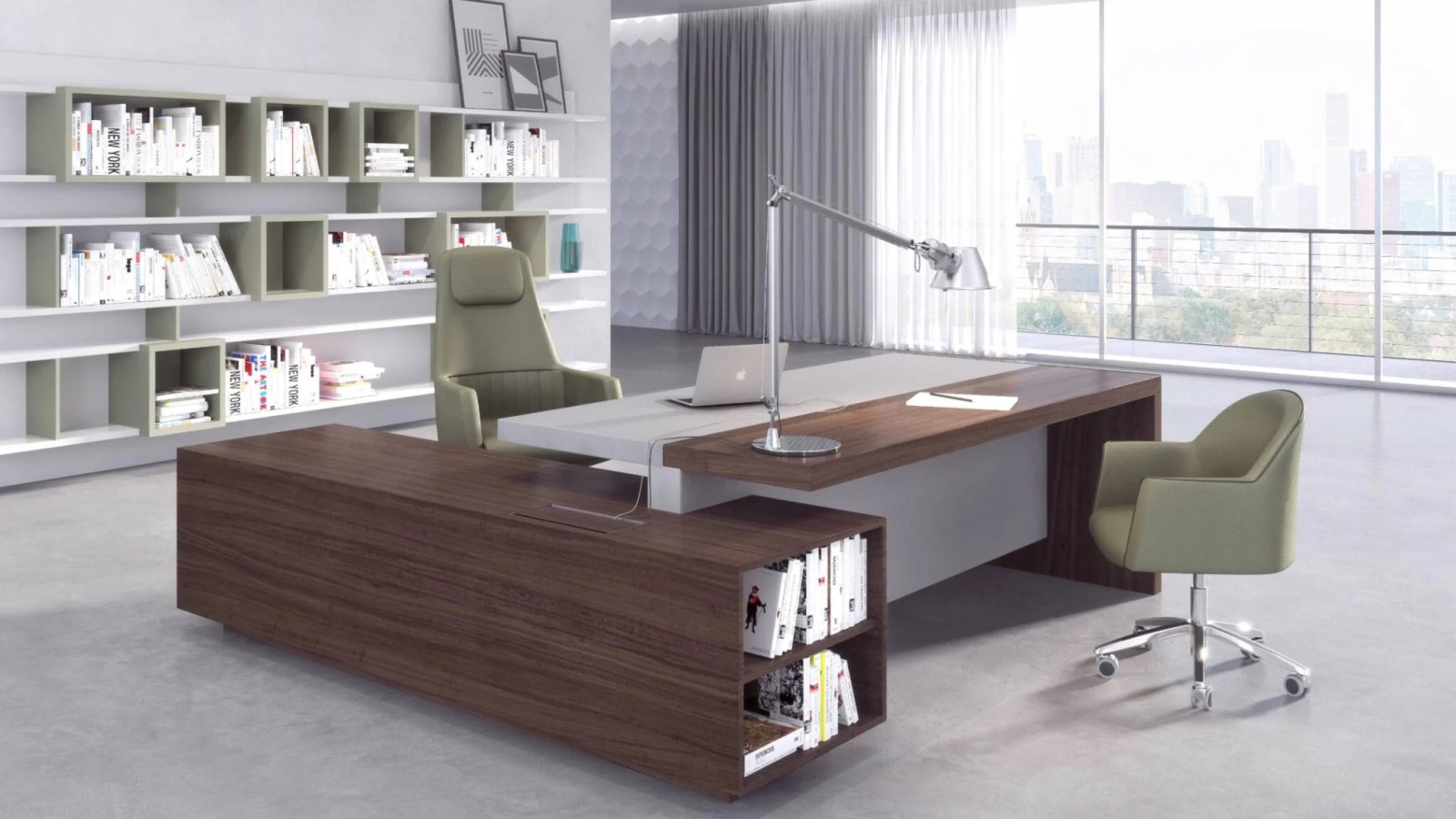 Ducale desk by Estel with the service cabinet set across its end and a bookcase behind