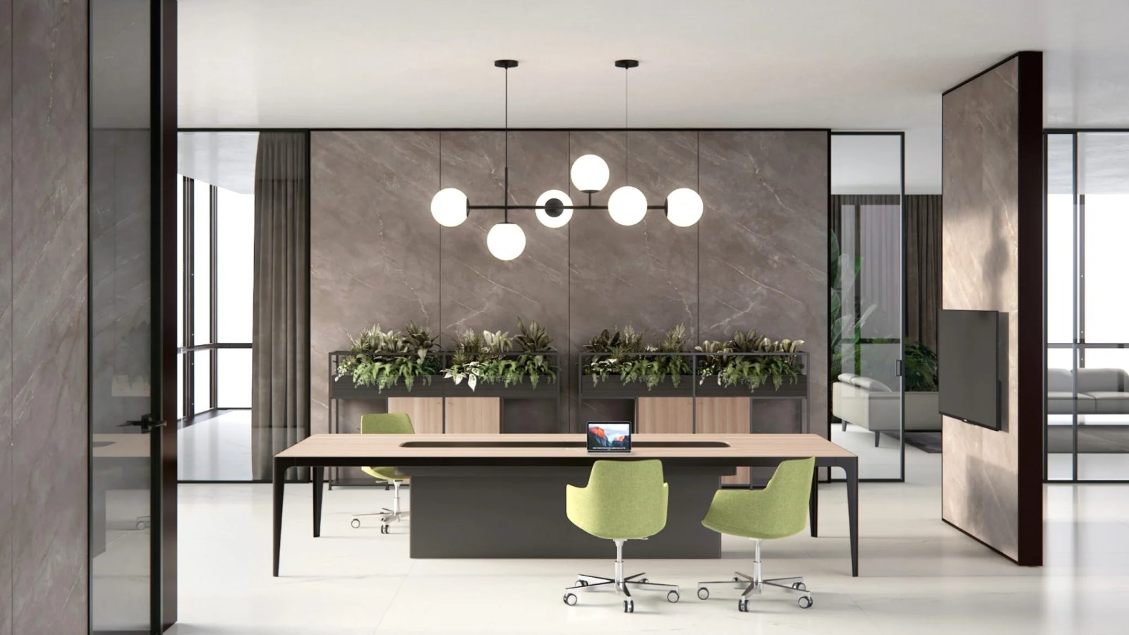Executive desk Grand More by Estel with a light top on a service unit at a right angle