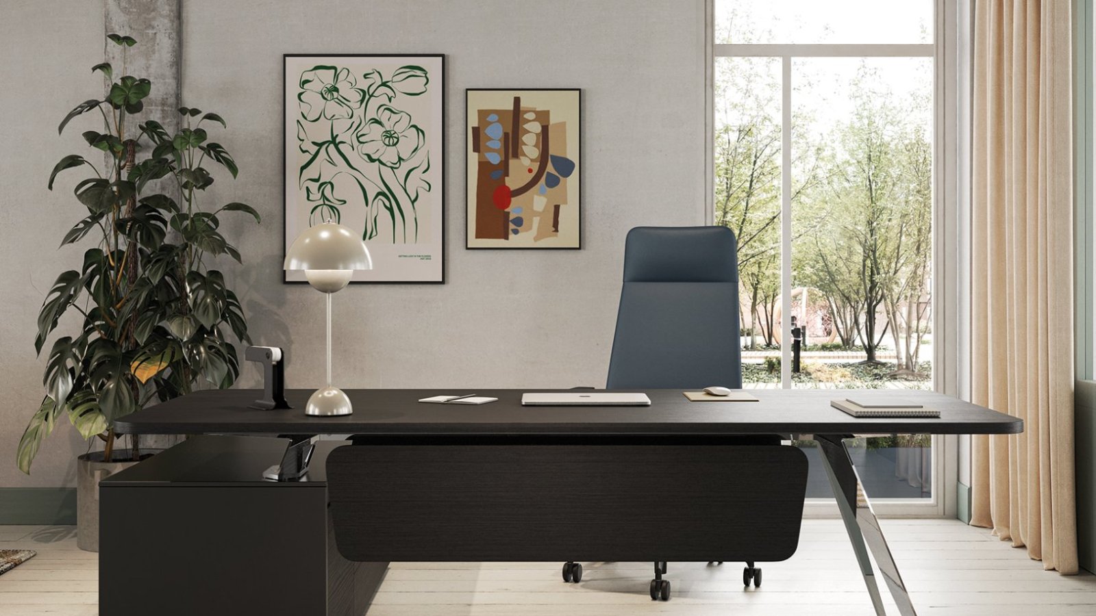 Spike executive desk by Frezza with white Calacatta marble-finish HPL top