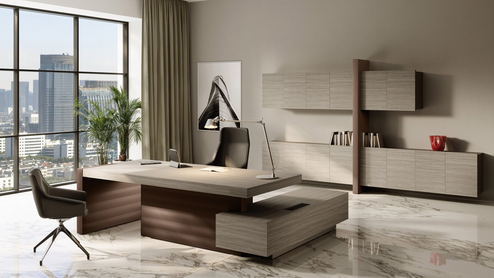 Jera executive desk by Las Mobili in Bali Walnut — 3.5-inch worktop, front view, Orlandini Design