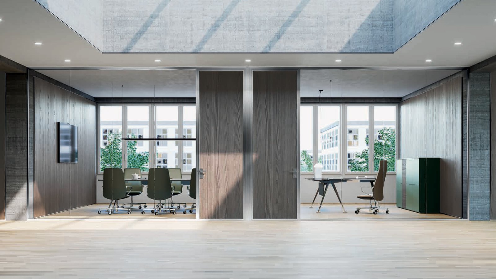 K42 glass partition wall by Frezza dividing an American office suite