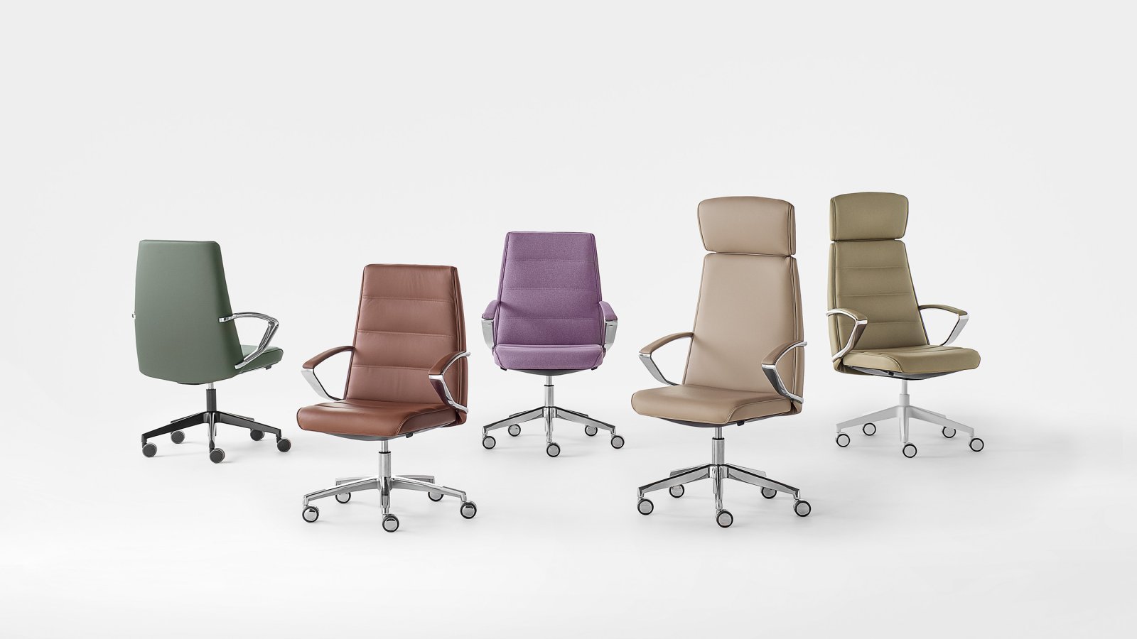High-back executive office chair Klivia, from Kastel, in taupe faux leather behind a dark wood desk