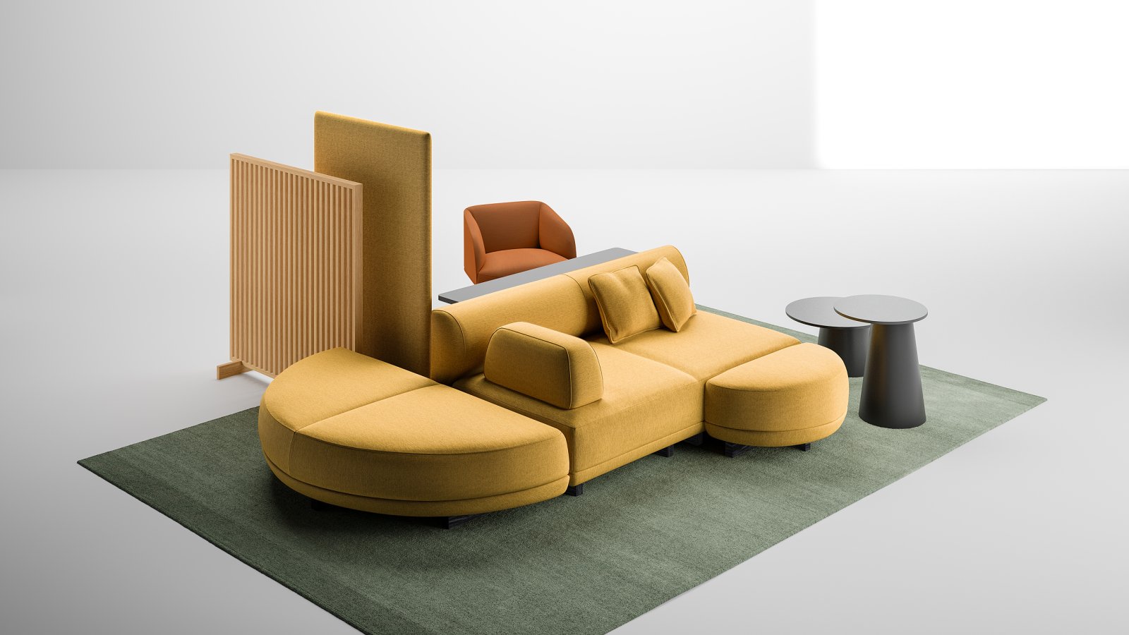 Node+ island seat 70 7/8 in square with padded backs in a corporate lobby