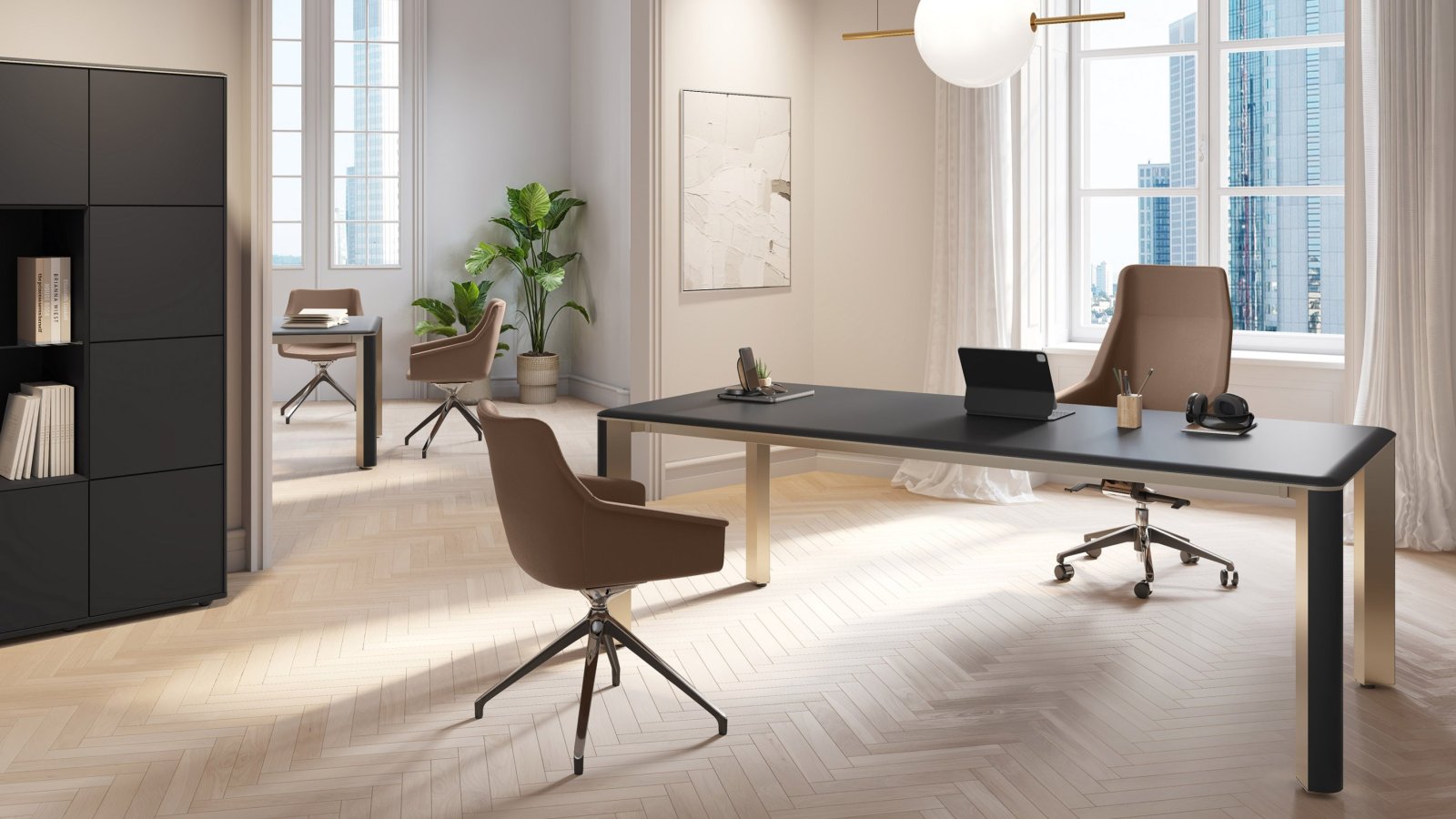 Iulio modern executive desk by Las Mobili with Inox Grey aluminum legs and wood-effect insert
