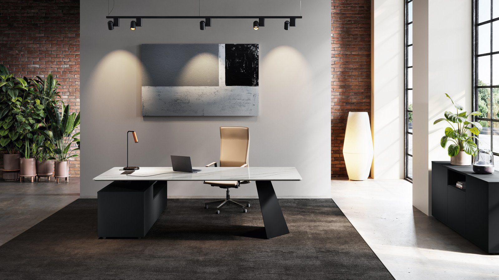 Rust epoxy-coated steel frame and cable tray under the Monolith desk top
