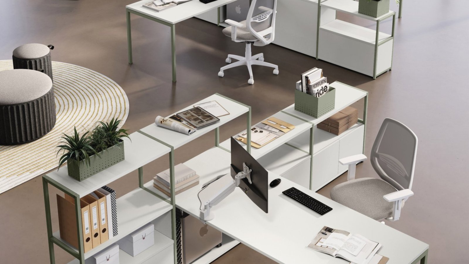 Sigma workstation system by Las Mobili with bench desks on square steel legs in an open-plan office