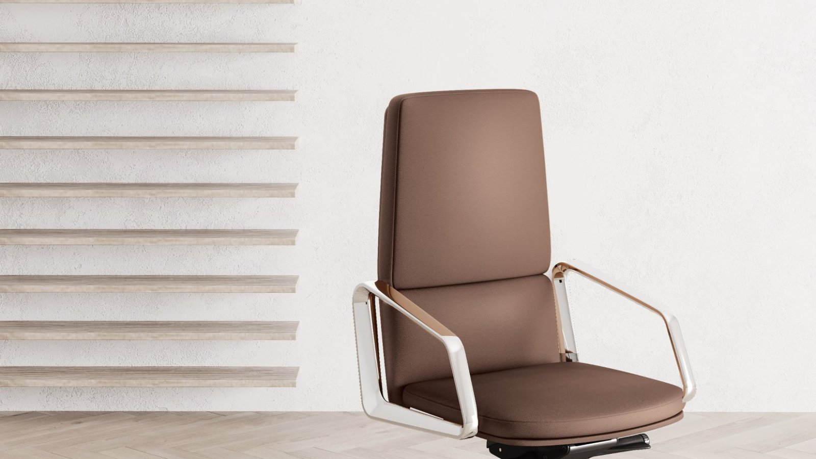 Lead executive chair by Las Mobili with die-cast aluminum armrests and polished five-star base