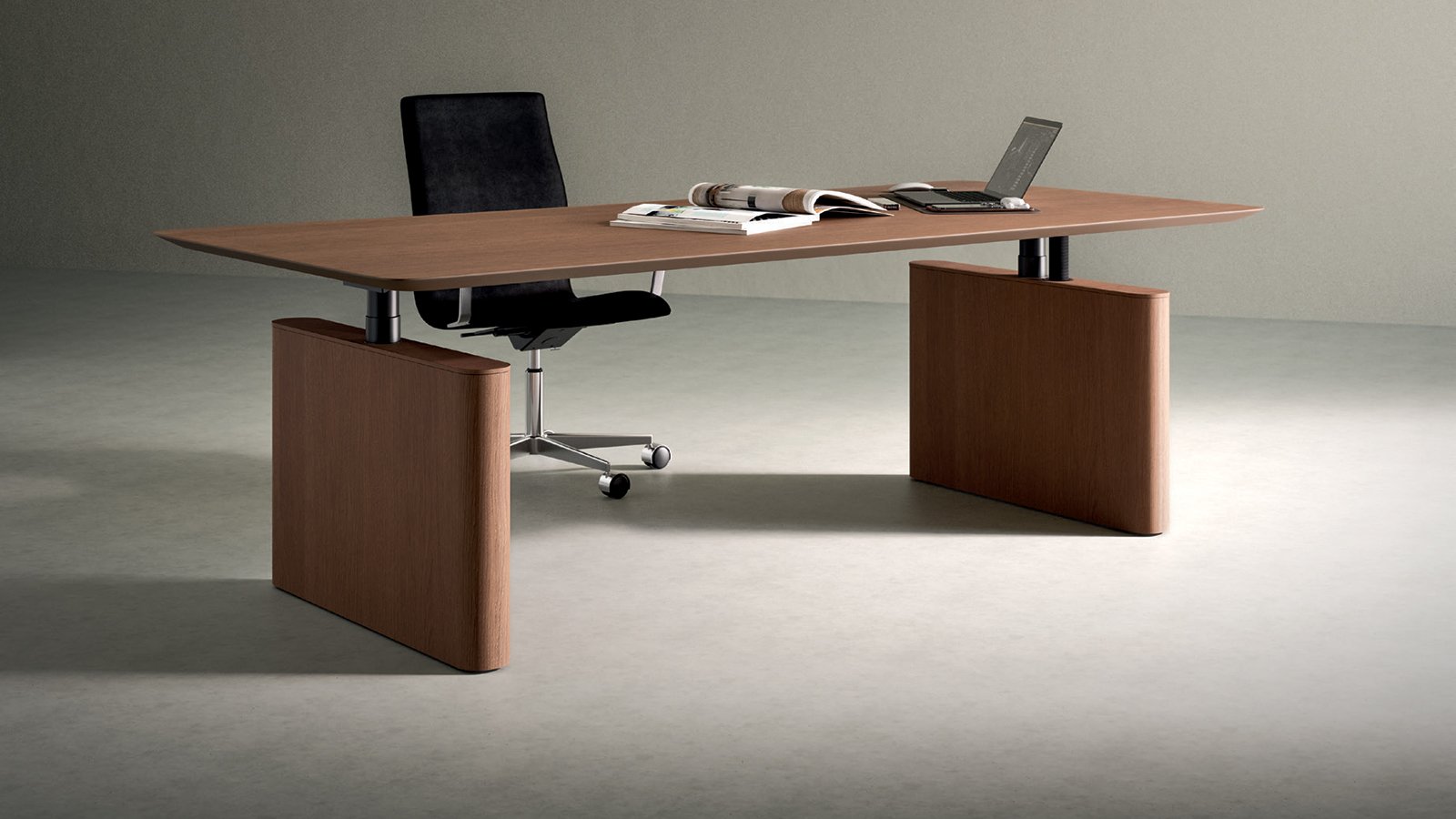 Otto bench by Martex with fan-shaped fabric screen between workstations
