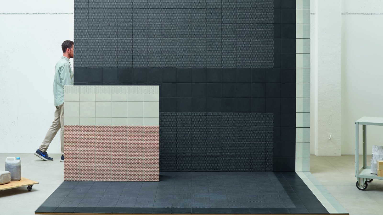 Tape by Mutina installed with mixed patterns in glazed porcelain stoneware