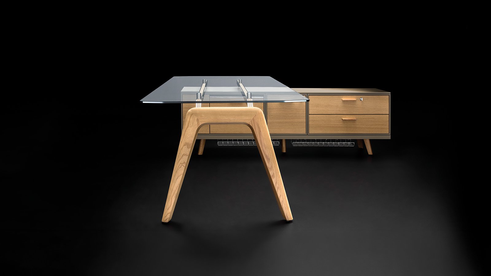 Rail designer office desk by Bralco in oak with diamond cut top