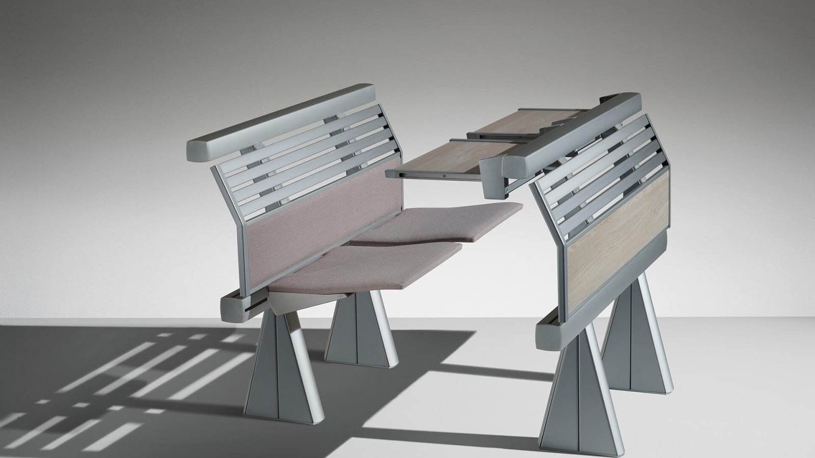 University classroom furniture: Lamm Runner benches on a stepped floor