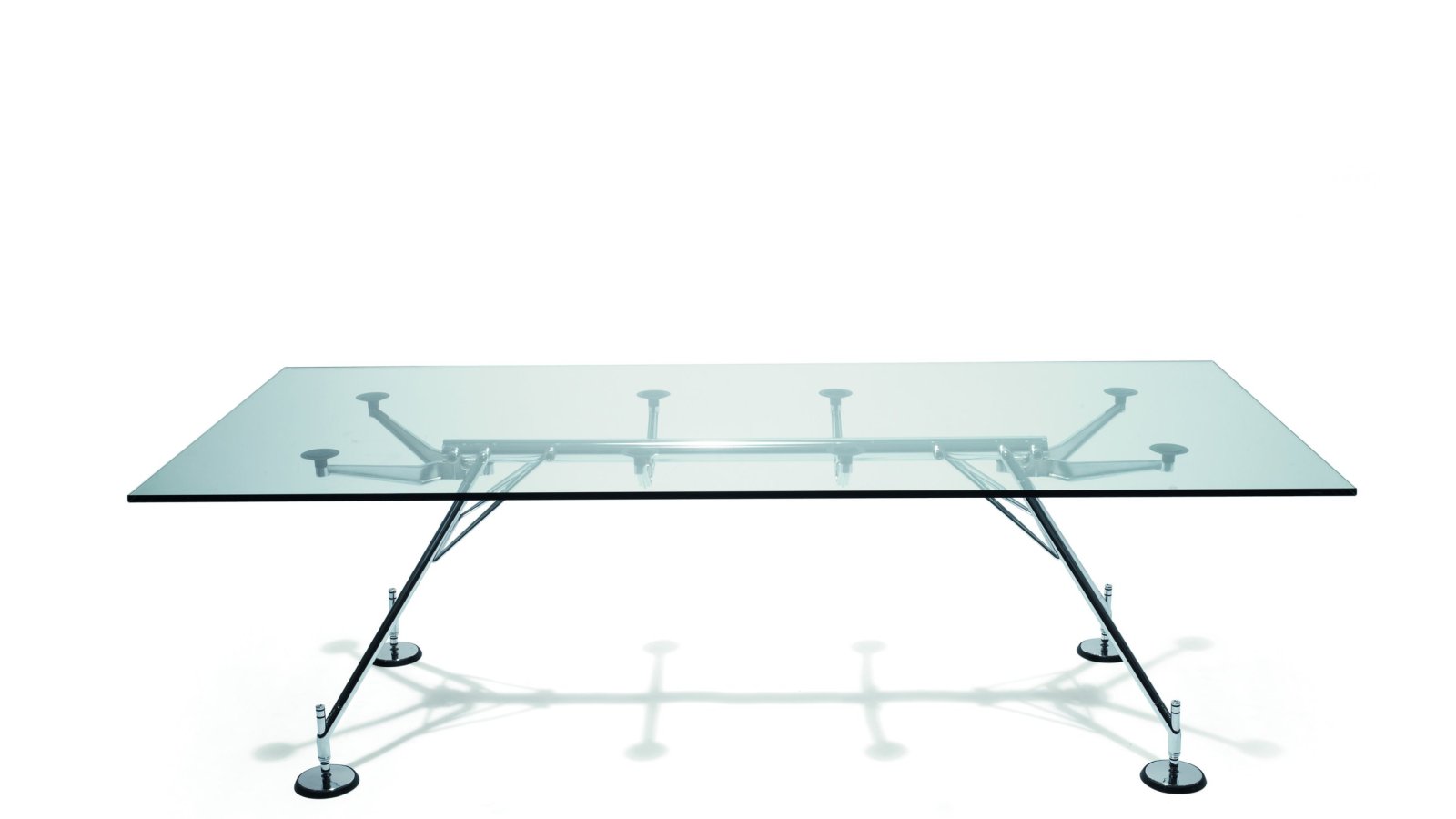 Nomos executive desk by Tecno with back-painted glass top and chrome backbone