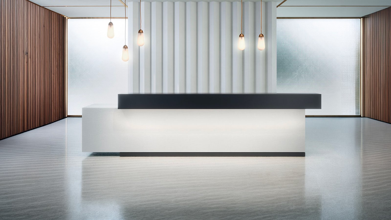 Reception desks Toki by Archiutti with polished monogram on the front panel