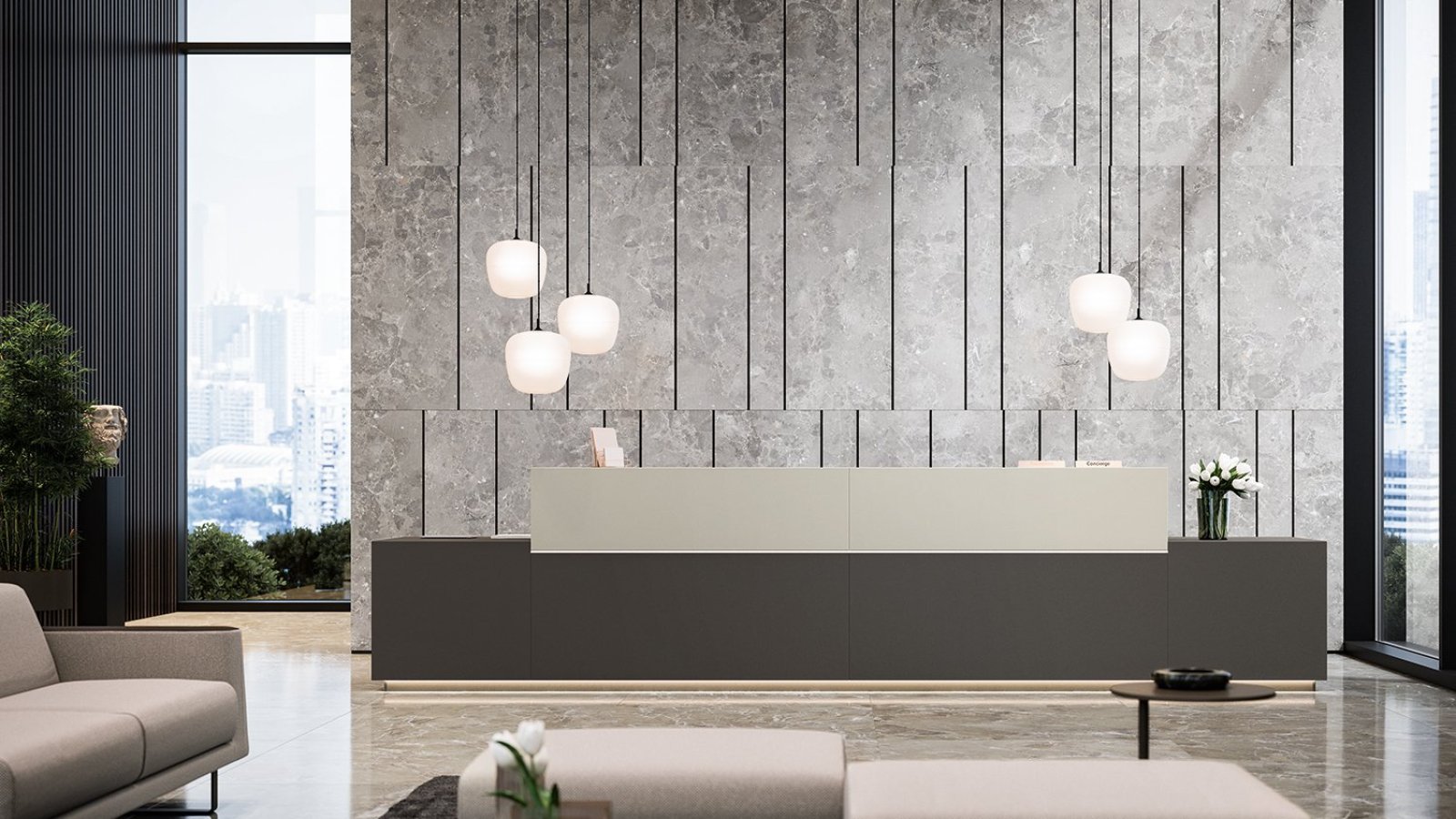 Z1 reception counter by Quadrifoglio in a company lobby