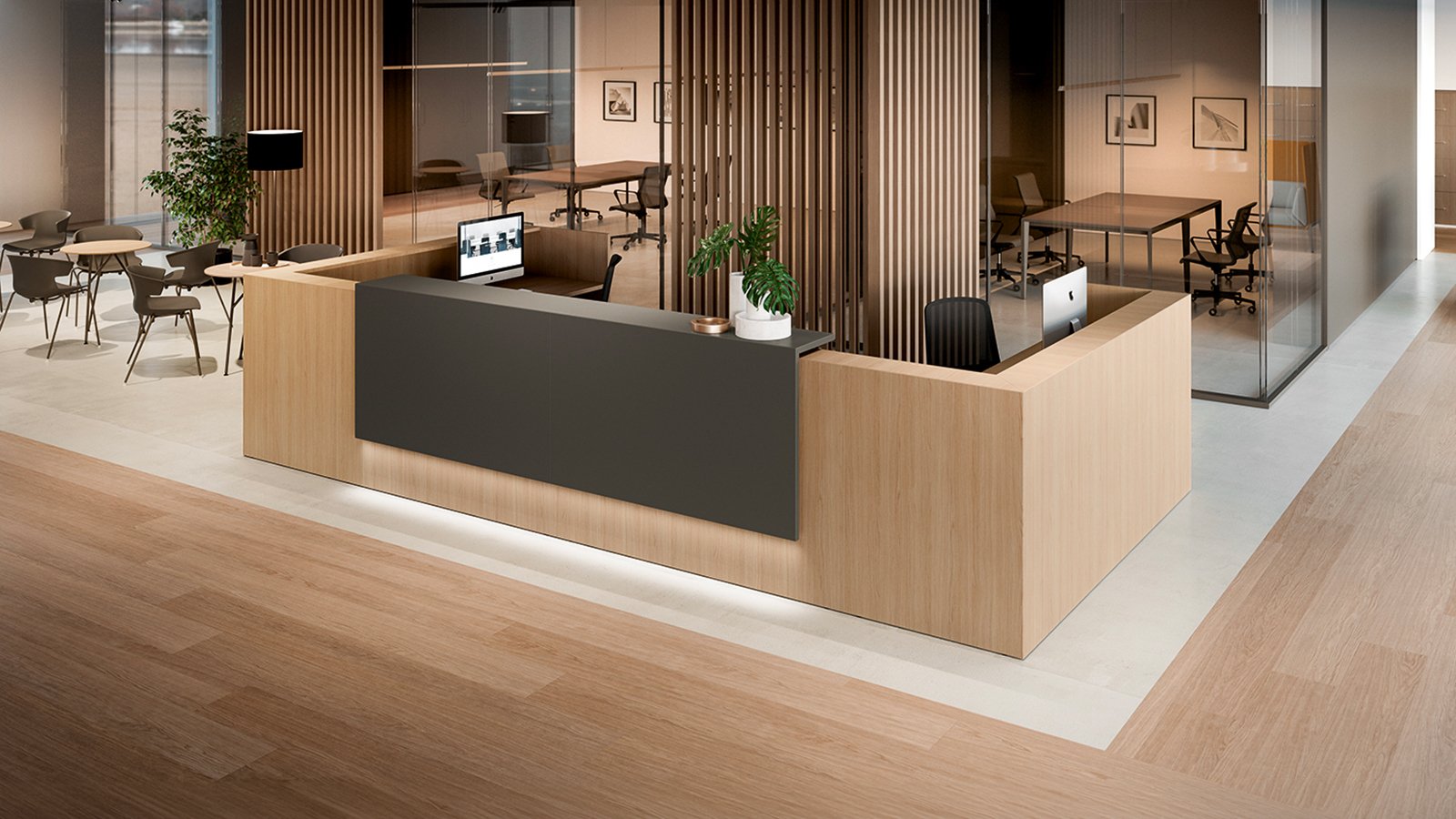Z2 reception desk by Quadrifoglio with lowered accessible module at the front