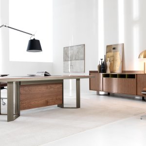 Lloyd executive desk by IVM Office in Canaletto Walnut on aluminum loop frames