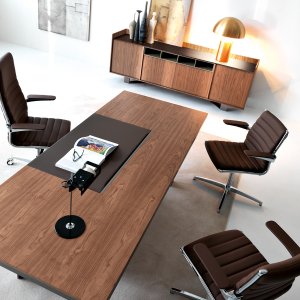 Lloyd contemporary desk in Eucalyptus with suspended drawer unit inside the frame
