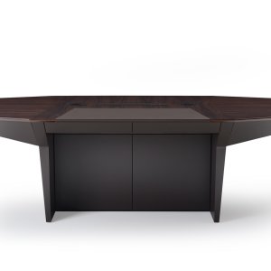 Brushed aluminum cover over the retractable screen of the Eidos desk