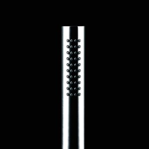 Round AL/23 rain showerhead above stacked round controls on a tiled shower wall