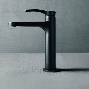 Matte black AL/23 faucet on a stone vanity top, designer faucets by Fantini