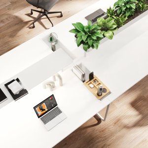 Recessed planter tray between Itube bench tops