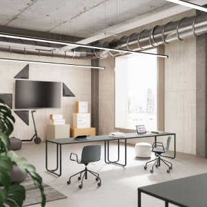 Itube linear bench facing a window wall