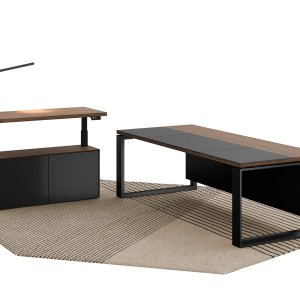 Sliding leather pad of the Arche desk over its compartment