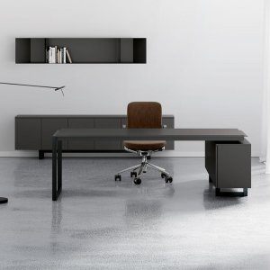Modern office desk Ellan by Archiutti with light oak top and white iron frame