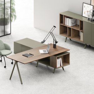 Lay executive desk with blue CDF top, blue frame and blue-and-anthracite side cabinet