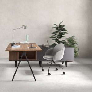 Designer office desks Lay by Archiutti with light gray tops and red frame in an open office