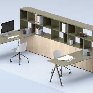 Lay manager desk resting on a 63-inch storage unit