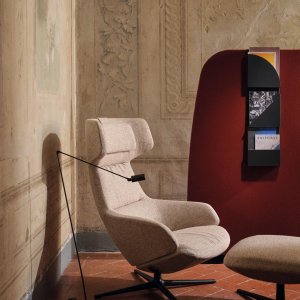 Leather upholstery on chair and footstool