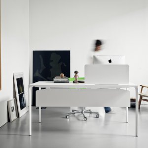 Gray Fenix laminate on the top of an Arper Nuur table