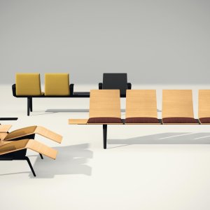 Arper Pausit bench in a corporate lobby set up for short visitor waits