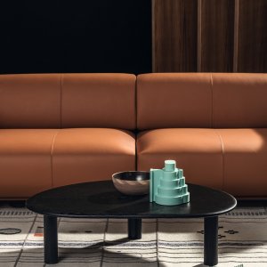Fabric and leather pairing on a Shaal composition