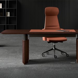 Oak-clad lifting column inside the leg of the Eleva executive desk